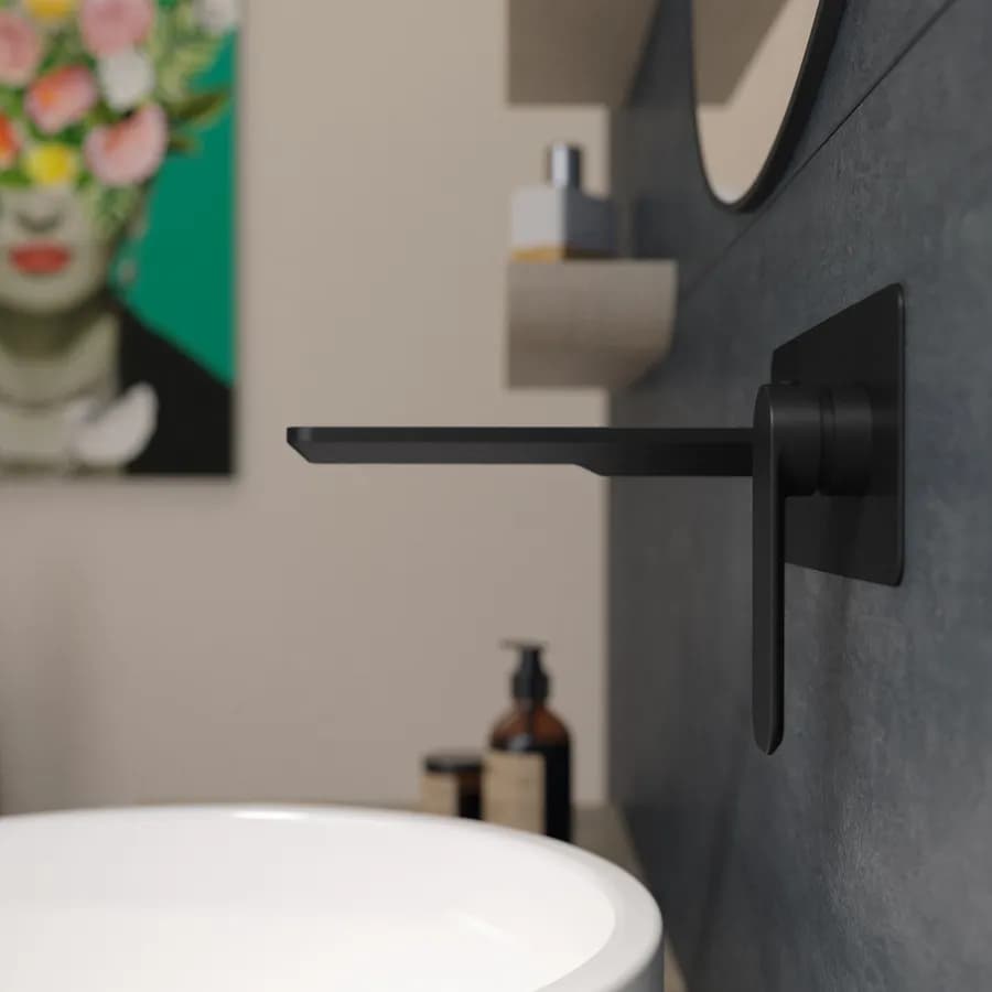 Miscelatore lavabo a muro canna 20 cm con piastra nero opaco – Fusion