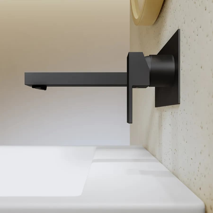 Miscelatore lavabo a muro canna 20 cm con piastra nero opaco – Kyria