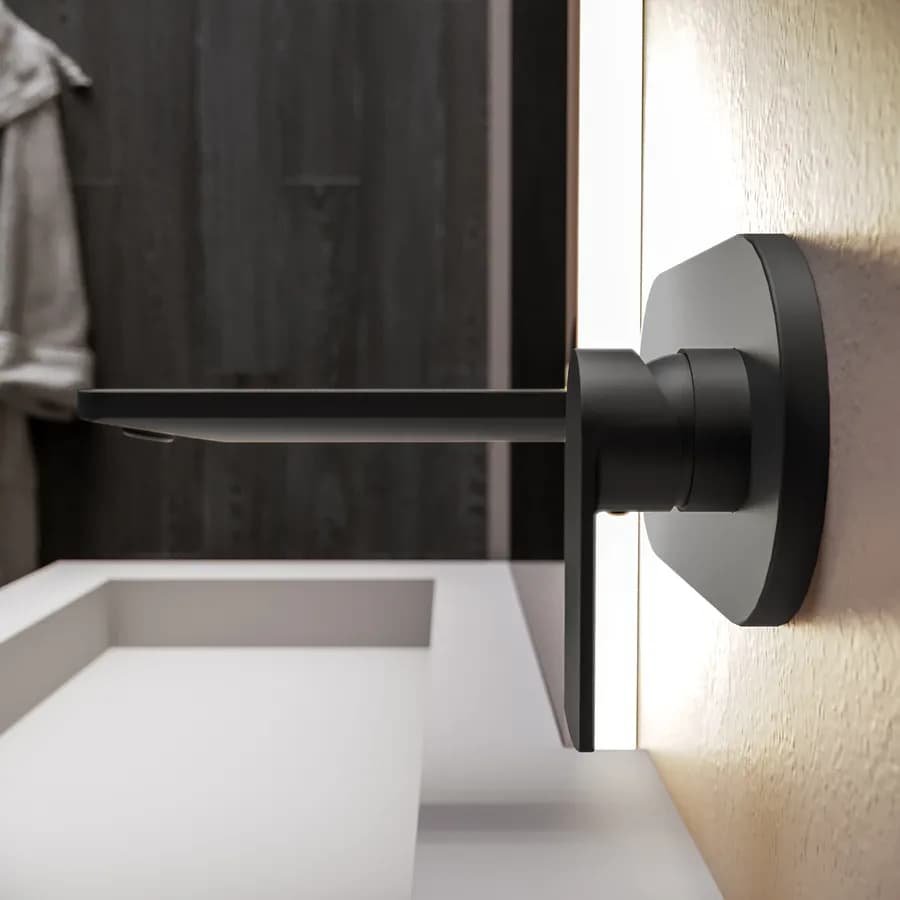 Miscelatore lavabo a muro canna 20 cm con piastra nero opaco – Fluid