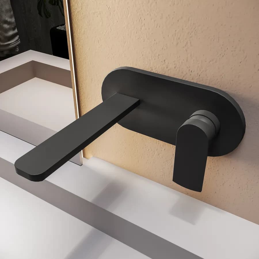 Miscelatore lavabo a muro canna 20 cm con piastra nero opaco – Fluid