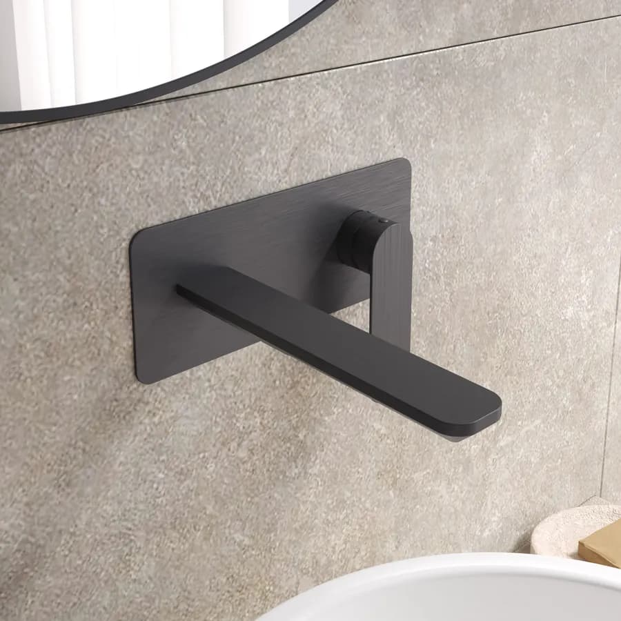 Miscelatore lavabo a muro canna 20 cm con piastra nero spazzolato anti-impronta - Fusion