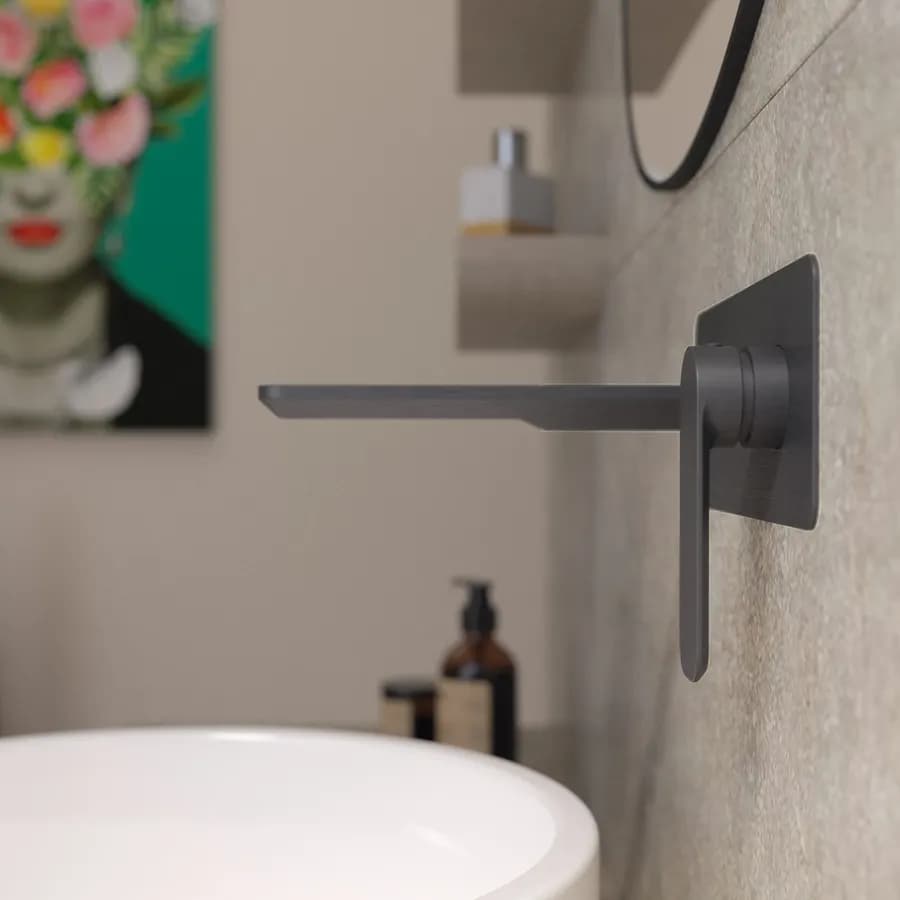 Miscelatore lavabo a muro canna 20 cm con piastra nero spazzolato anti-impronta - Fusion