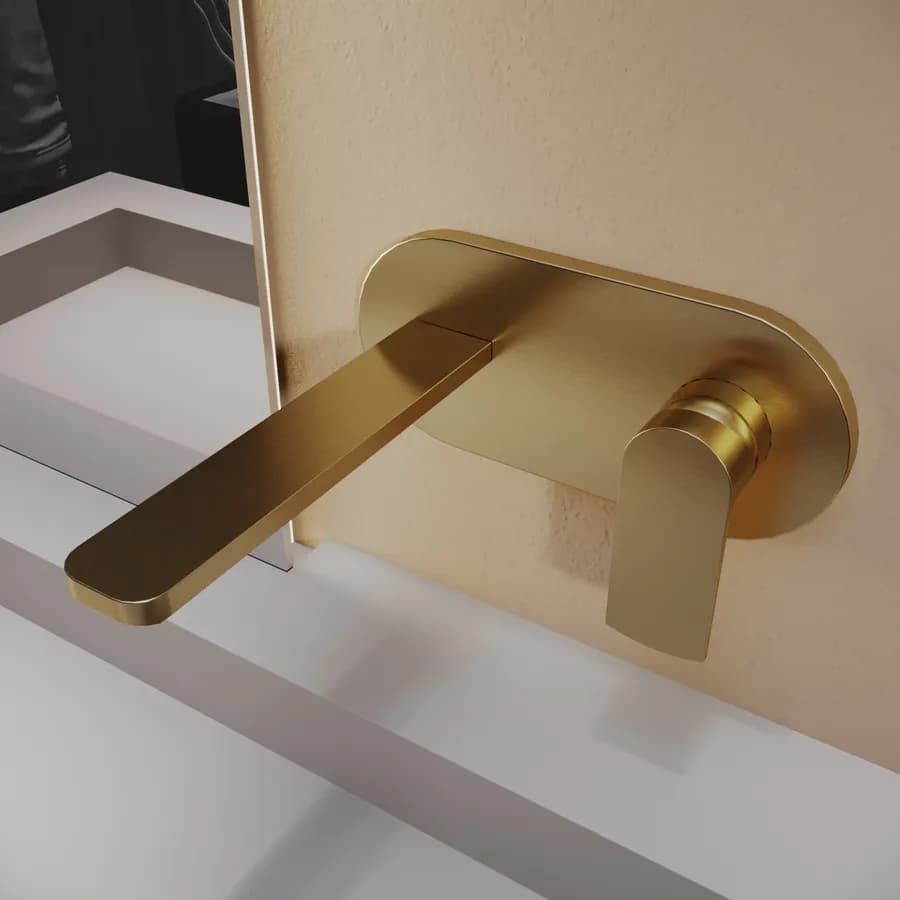 Miscelatore lavabo a muro canna 20 cm con piastra oro spazzolato anti-impronta - Fluid