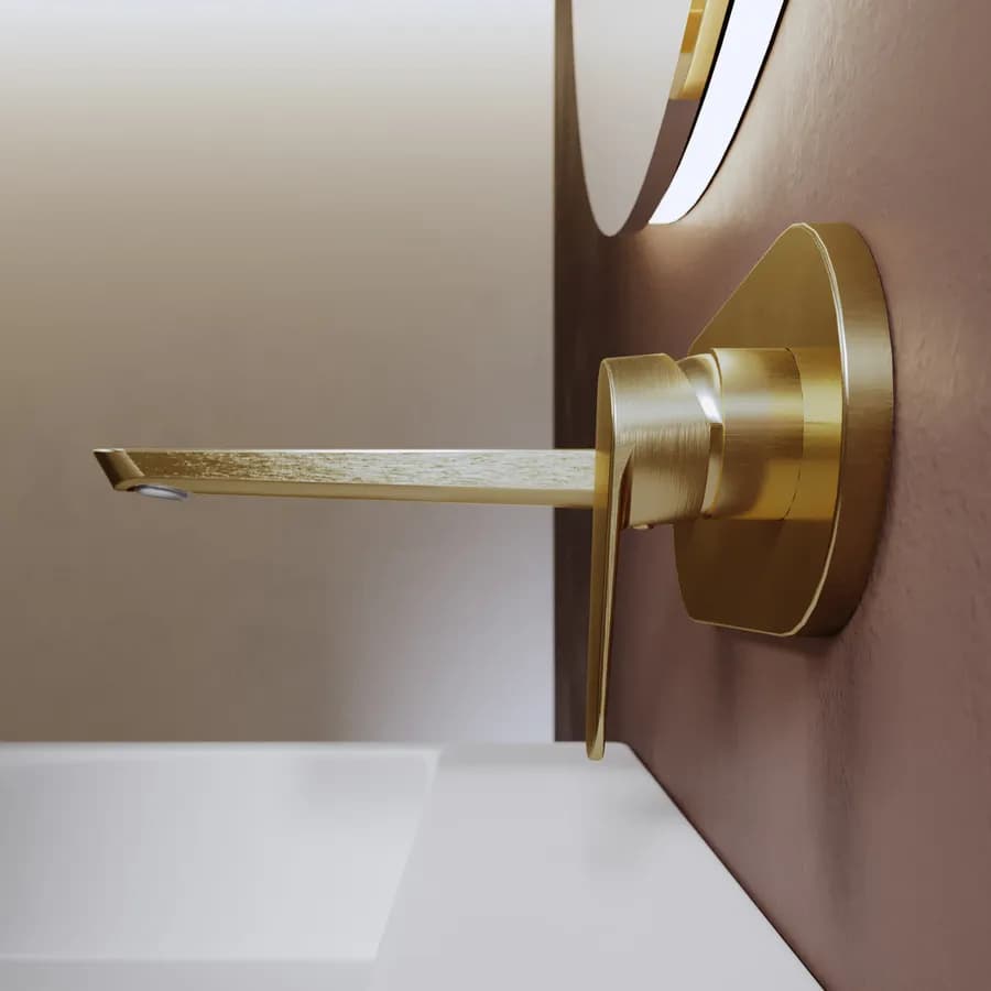 Miscelatore lavabo a muro canna 20 cm con piastra oro spazzolato anti-impronta - Lir