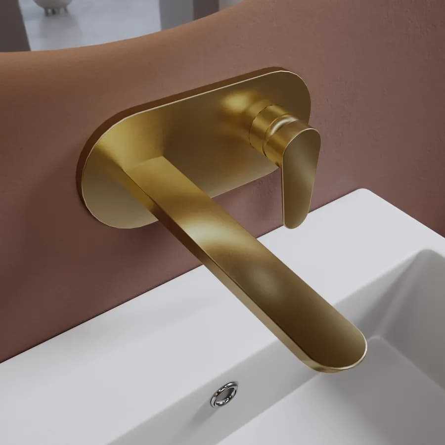 Miscelatore lavabo a muro canna 20 cm con piastra oro spazzolato anti-impronta - Lir