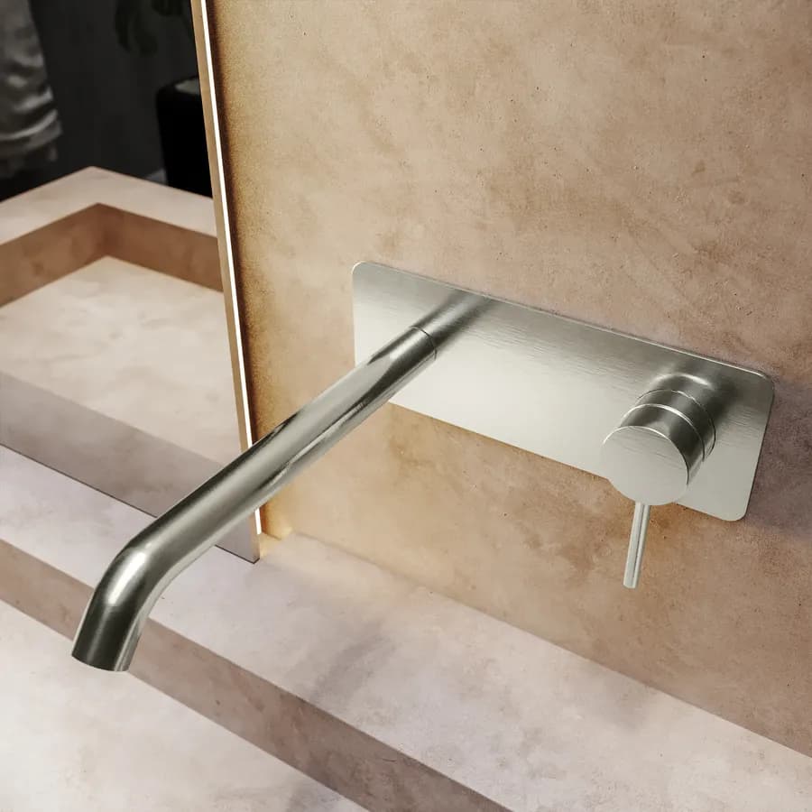 Miscelatore lavabo a muro canna 20 cm con piastra spazzolato – Ran