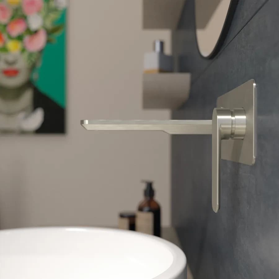 Miscelatore lavabo a muro canna 20 cm con piastra spazzolato – Fusion