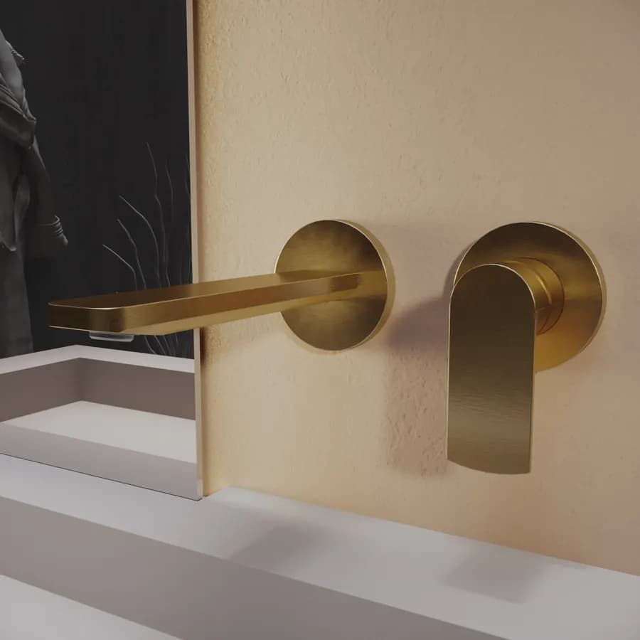 Miscelatore lavabo a muro canna 20 cm oro spazzolato anti-impronta - Fluid