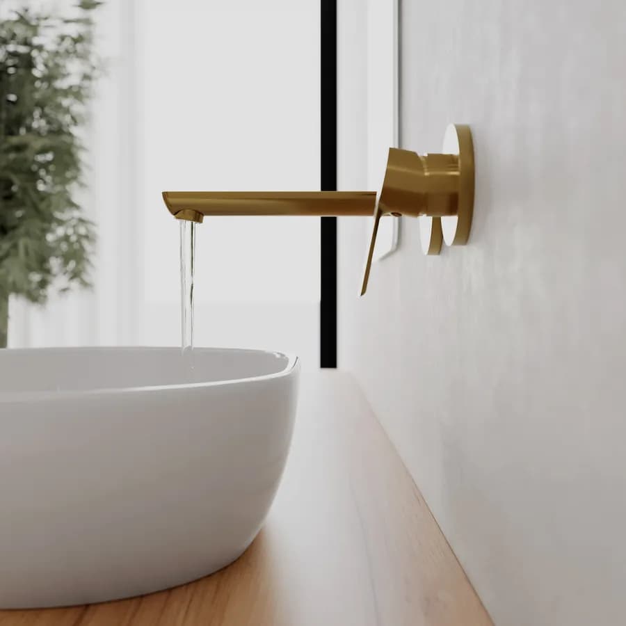 Miscelatore lavabo a muro canna 20 cm oro spazzolato anti-impronta - Key
