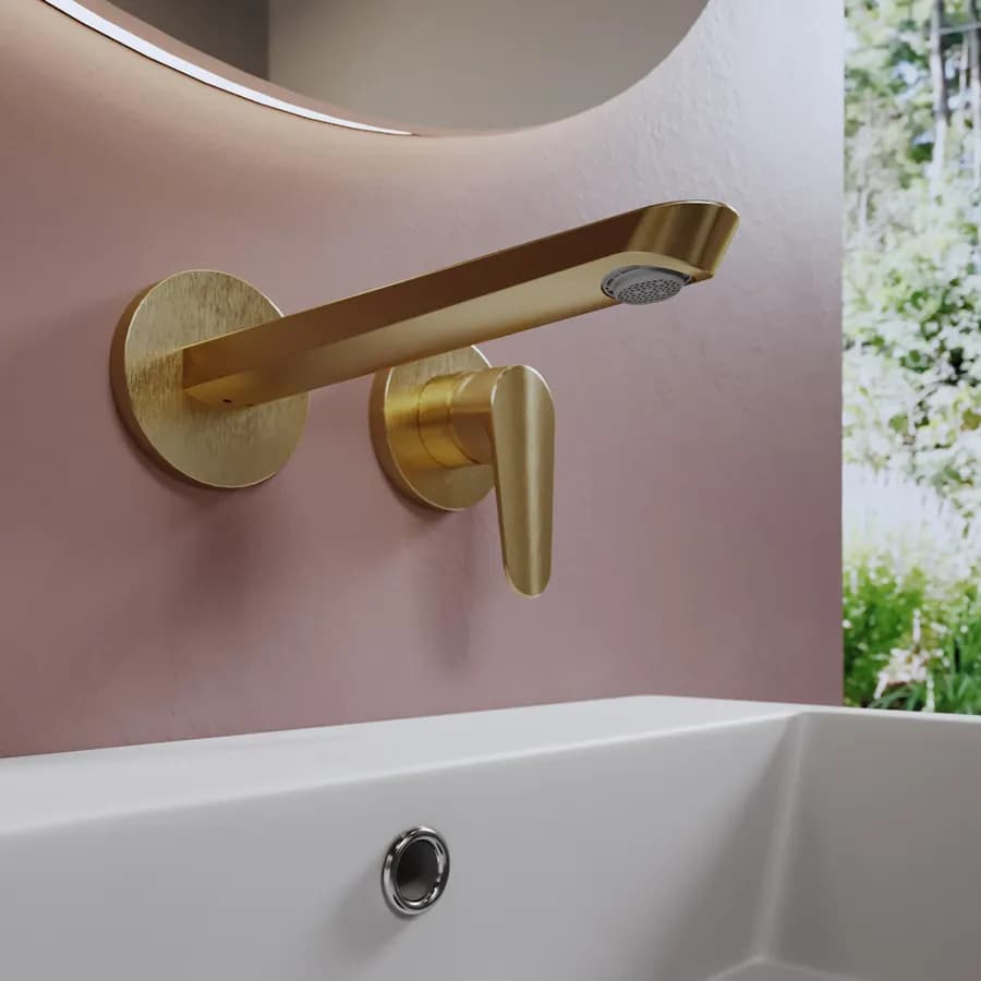 Miscelatore lavabo a muro canna 20 cm oro spazzolato anti-impronta - Lir