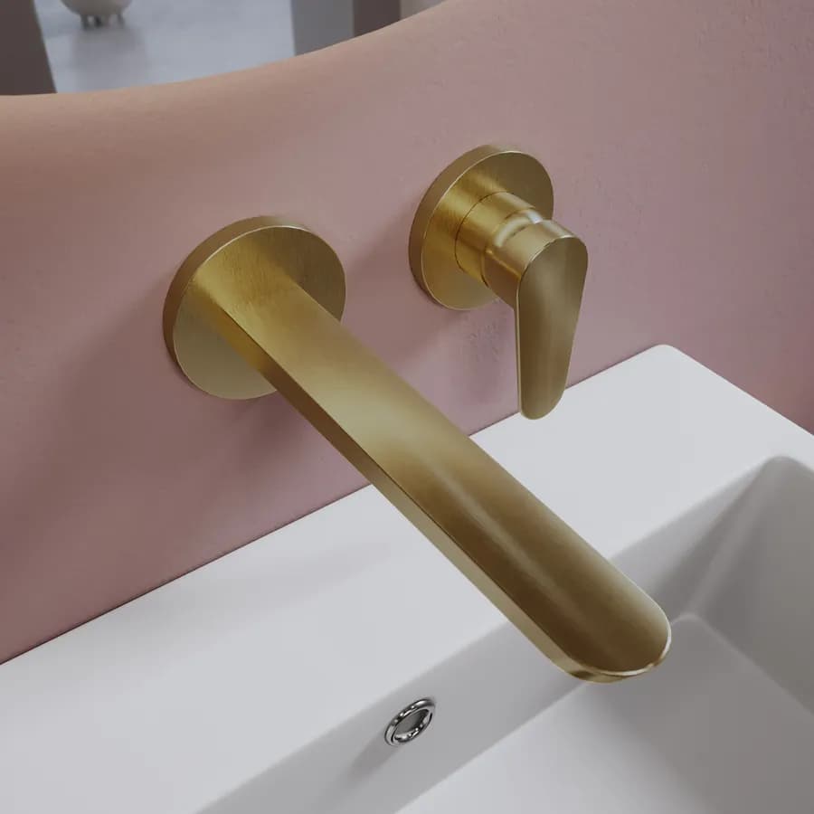 Miscelatore lavabo a muro canna 20 cm oro spazzolato anti-impronta - Lir