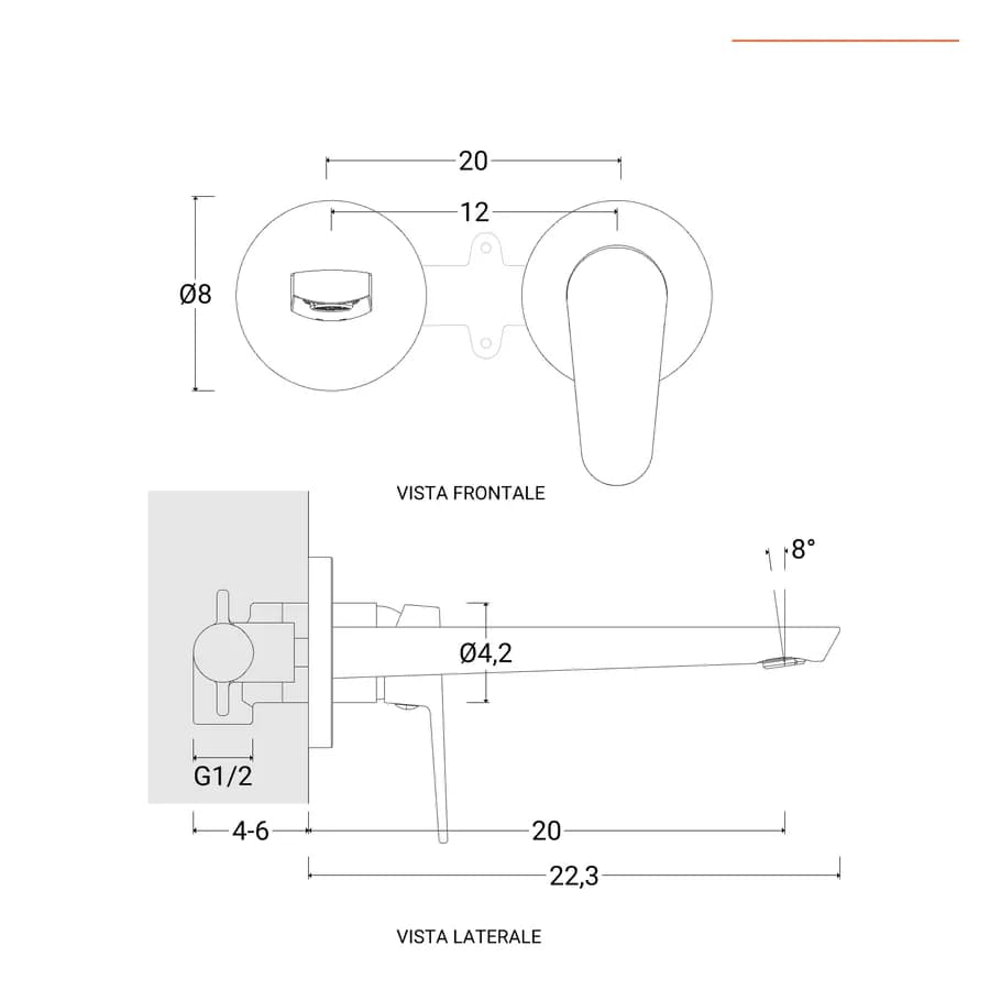 Miscelatore lavabo a muro canna 20 cm oro spazzolato anti-impronta - Lir