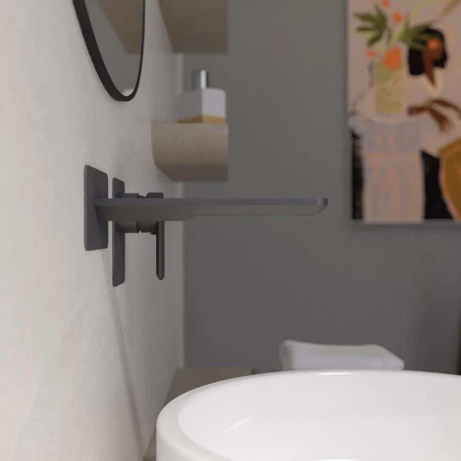 Miscelatore lavabo a muro canna 25 cm nero spazzolato anti-impronta - Fusion