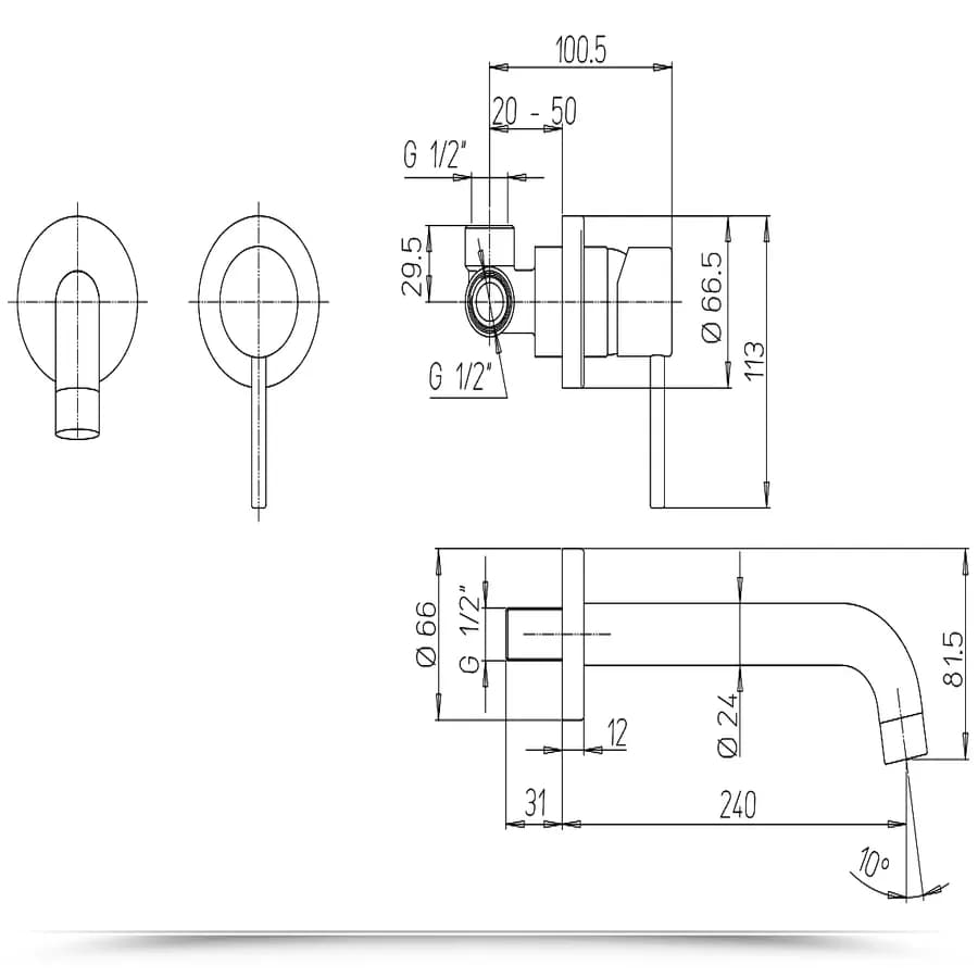 Miscelatore lavabo a muro canna 25 cm cromato - Gun di Jacuzzi - Rubinetteria
