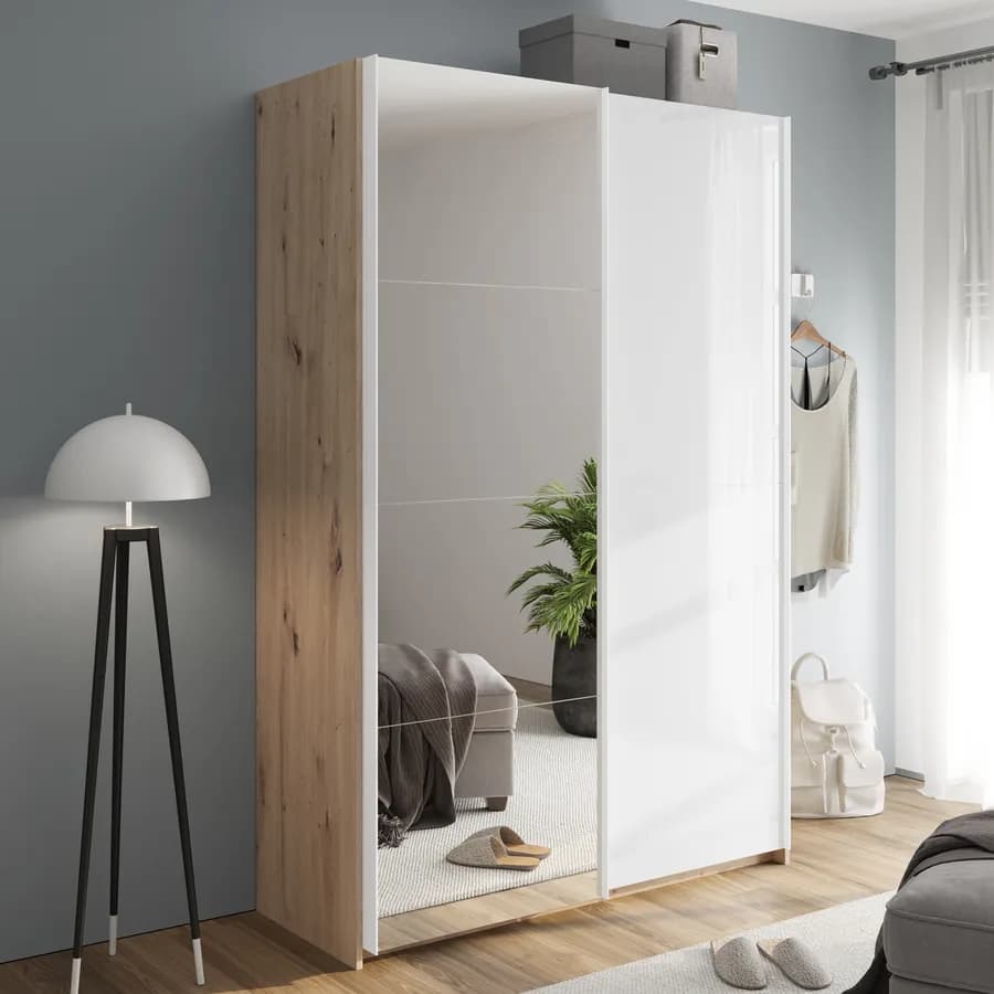 Armadio 150x223h cm rovere artisan con due ante scorrevoli bianco lucido e specchio - Alen