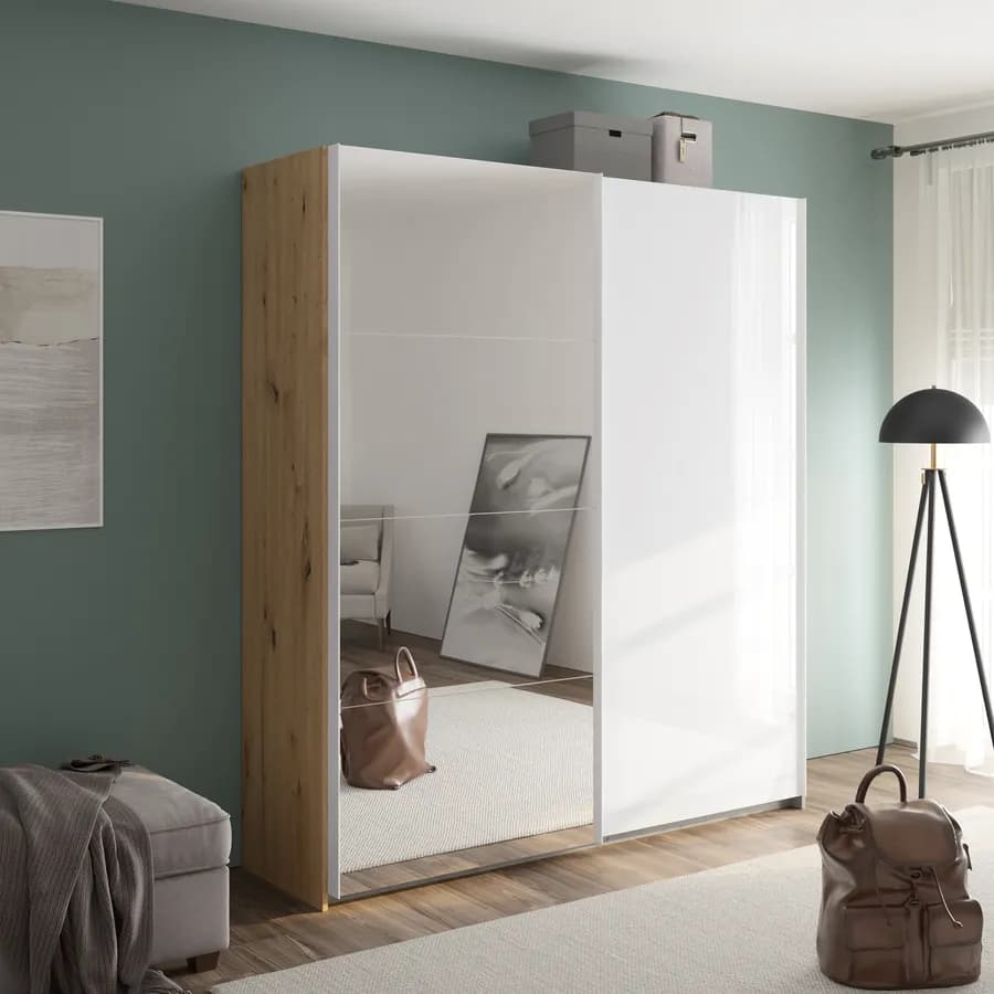 Armadio 200x223h cm con due ante scorrevoli in bianco lucido e rovere con specchio - Alen