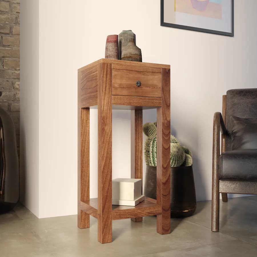 Tavolino alto 33x75h cm in legno di acacia con cassetto - Freia Stone