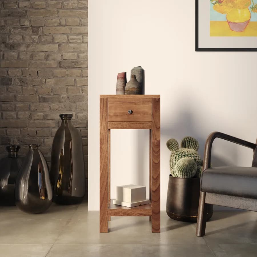 Tavolino alto 33x75h cm in legno di acacia con cassetto - Freia Stone