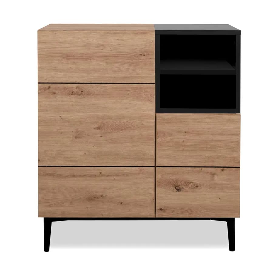 Credenza 80x90h cm in legno rovere e nero con 2 ante e vani a giorno - Ekus