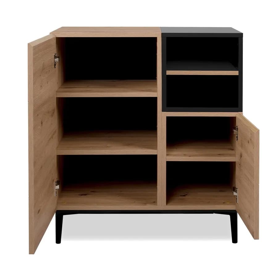 Credenza 80x90h cm in legno rovere e nero con 2 ante e vani a giorno - Ekus