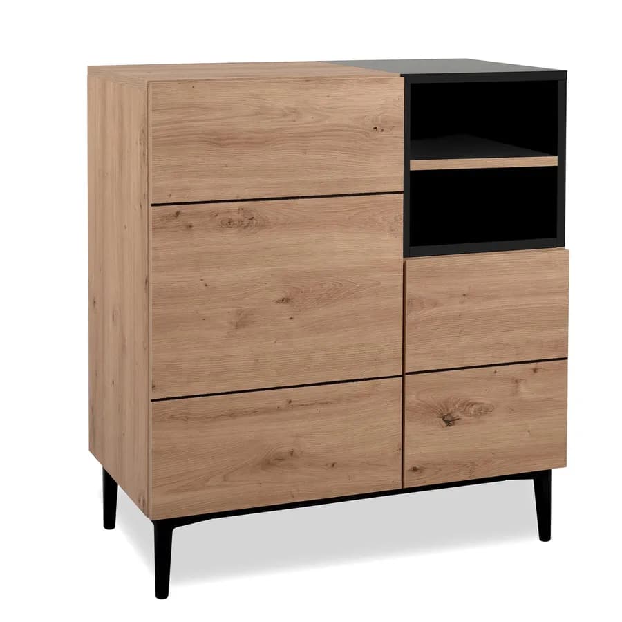 Credenza 80x90h cm in legno rovere e nero con 2 ante e vani a giorno - Ekus