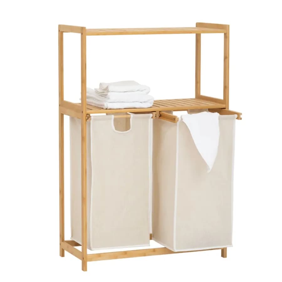 Mobile bagno o lavanderia 72x109h cm in bambù naturale e tessuto bianco con portabiancheria - Lascaux