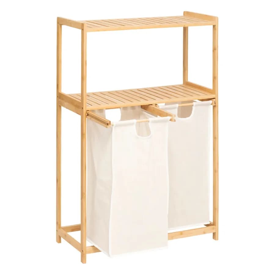 Mobile bagno o lavanderia 72x109h cm in bambù naturale e tessuto bianco con portabiancheria - Lascaux