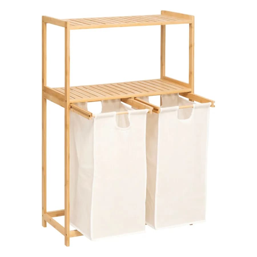 Mobile bagno o lavanderia 72x109h cm in bambù naturale e tessuto bianco con portabiancheria - Lascaux
