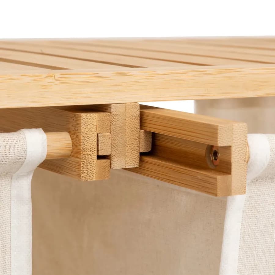 Mobile bagno o lavanderia 72x109h cm in bambù naturale e tessuto bianco con portabiancheria - Lascaux