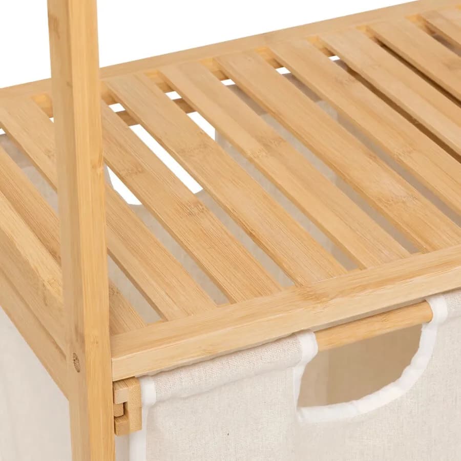 Mobile bagno o lavanderia 72x109h cm in bambù naturale e tessuto bianco con portabiancheria - Lascaux