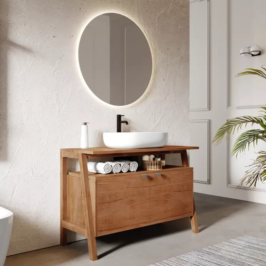Mobile bagno portalavabo 110 cm con 2 ante in legno teak naturale - Olama