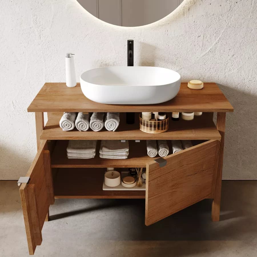 Mobile bagno portalavabo 110 cm con 2 ante in legno teak naturale - Olama