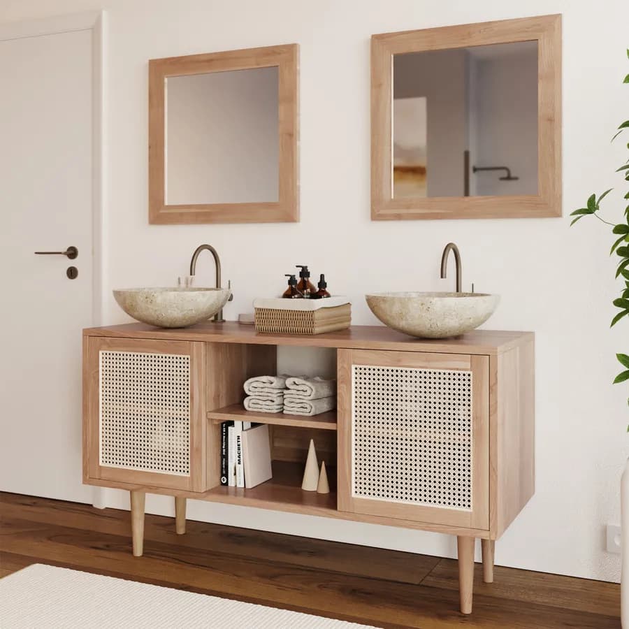 Mobile bagno portalavabo 135 cm con 2 ante in teak naturale e paglia di vienna - Malindi