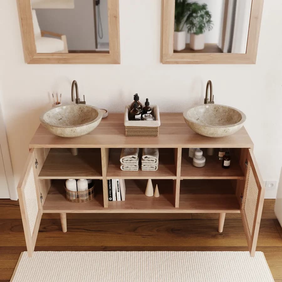Mobile bagno portalavabo 135 cm con 2 ante in teak naturale e paglia di vienna - Malindi