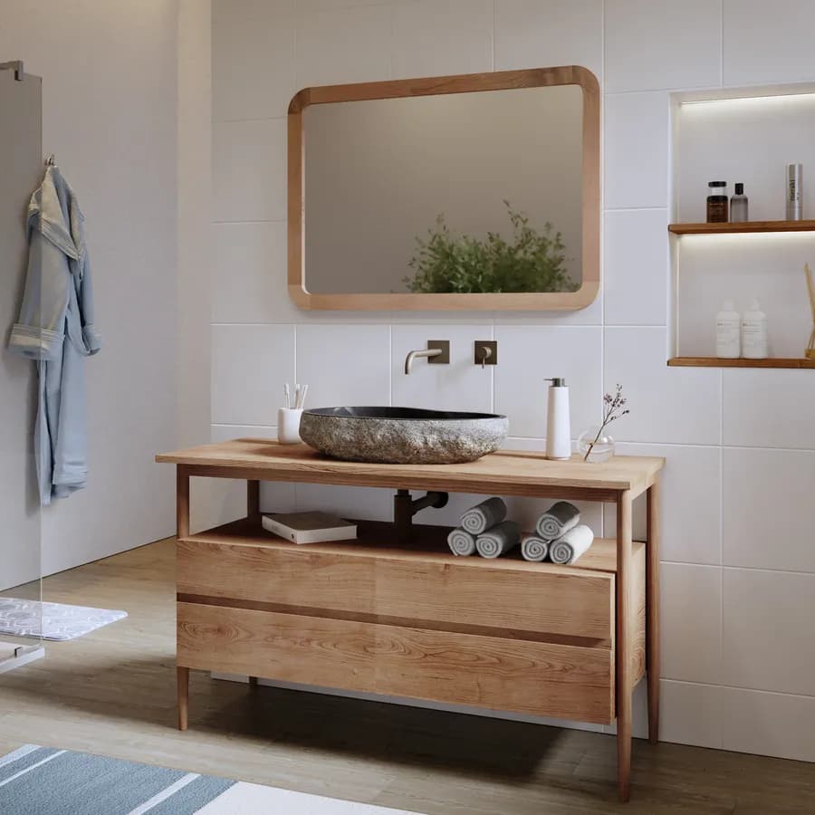 Mobile bagno portalavabo 135 cm con anta e cassetti in legno teak naturale - Emperor
