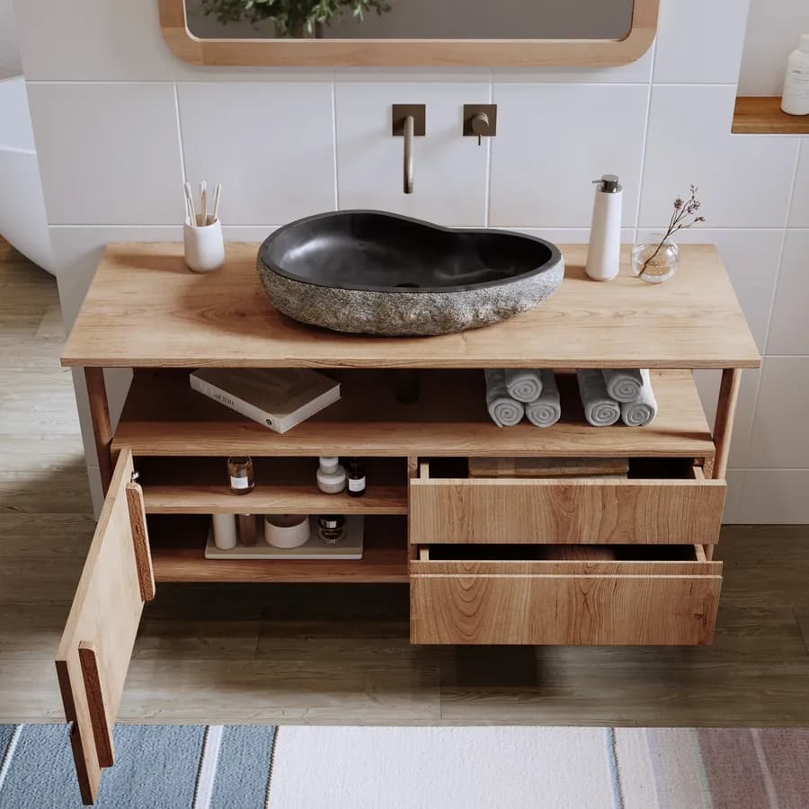 Mobile bagno portalavabo 135 cm con anta e cassetti in legno teak naturale - Emperor