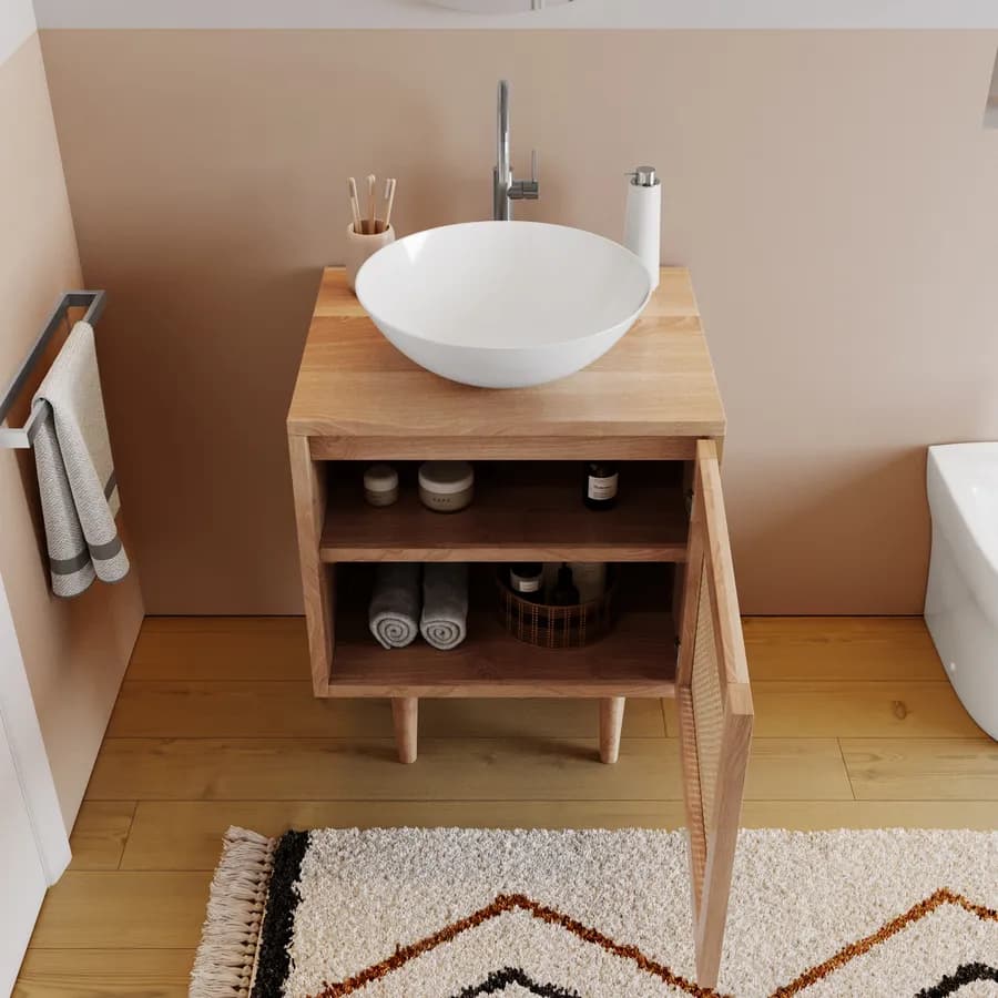 Mobile bagno portalavabo 60 cm con anta in teak naturale e paglia di vienna - Malindi