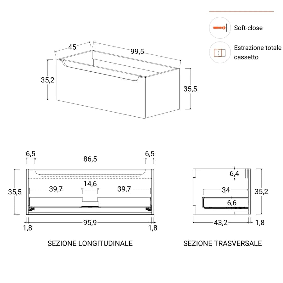 Mobile bagno sospeso 100 cm carta da zucchero con cassettone e lavabo integrato con specchio - Sleek