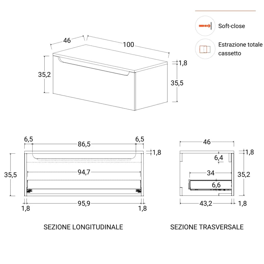 Mobile bagno sospeso 100 cm carta da zucchero con cassettone e lavabo integrato con specchio - Sleek