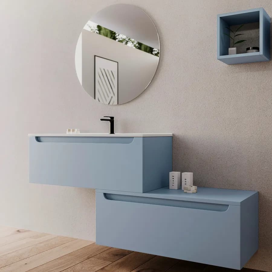 Mobile bagno sospeso 100 cm carta da zucchero con cassettone e lavabo integrato con specchio - Sleek