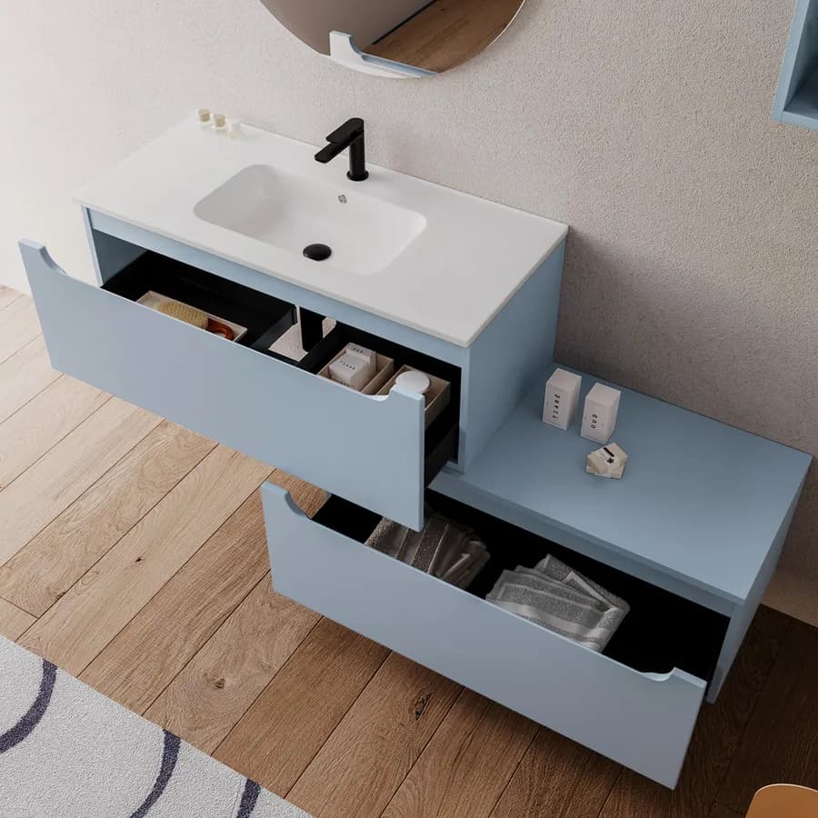 Mobile bagno sospeso 100 cm carta da zucchero con cassettone e lavabo integrato con specchio - Sleek