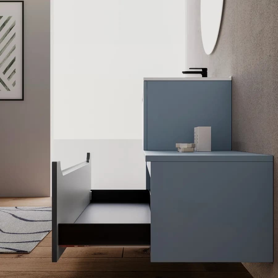 Mobile bagno sospeso 100 cm carta da zucchero con cassettone e lavabo integrato con specchio - Sleek