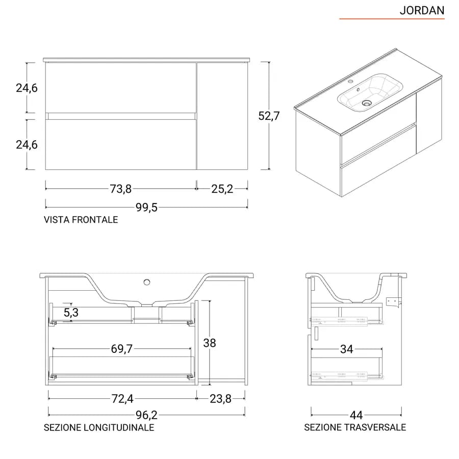 Mobile bagno sospeso 100 cm con cassetti blu opaco e specchio - Jordan