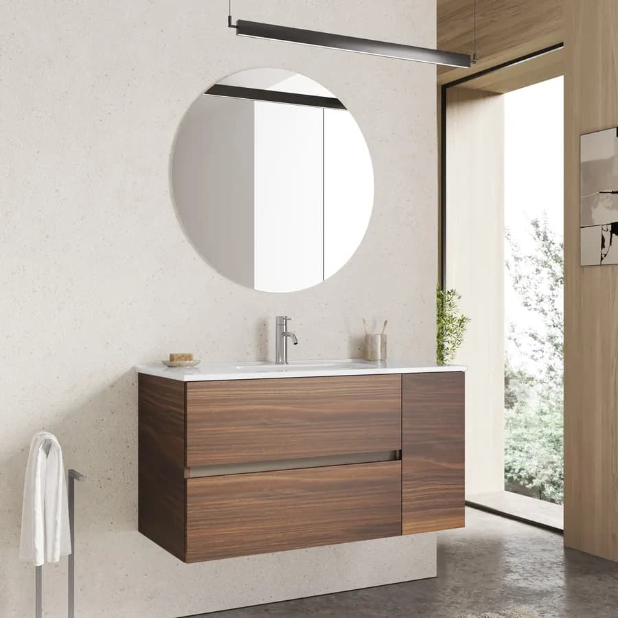 Mobile bagno sospeso 100 cm con cassetti rovere deciso e specchio - Jordan