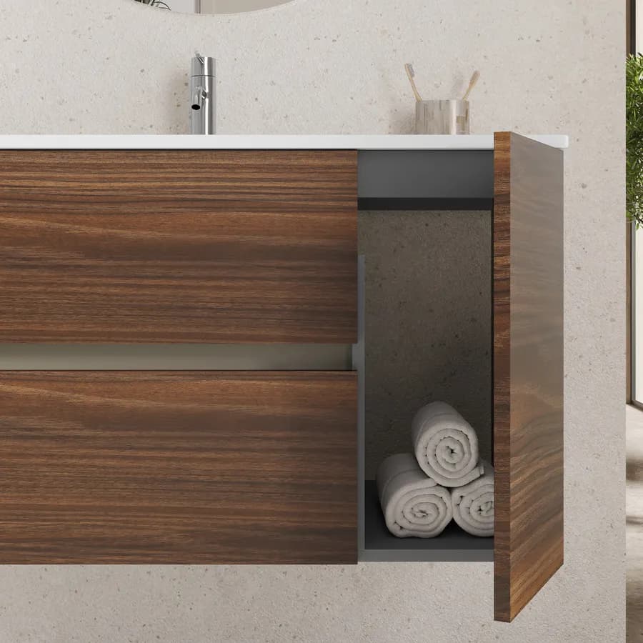 Mobile bagno sospeso 100 cm con cassetti rovere deciso e specchio - Jordan