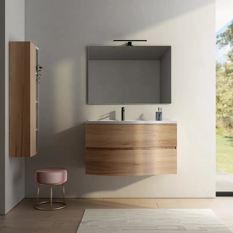 Mobile bagno sospeso 100 cm color rovere europeo con due cassettoni e specchio - Halley