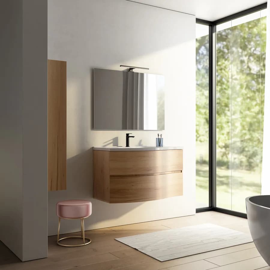 Mobile bagno sospeso 100 cm color rovere europeo con due cassettoni e specchio - Halley