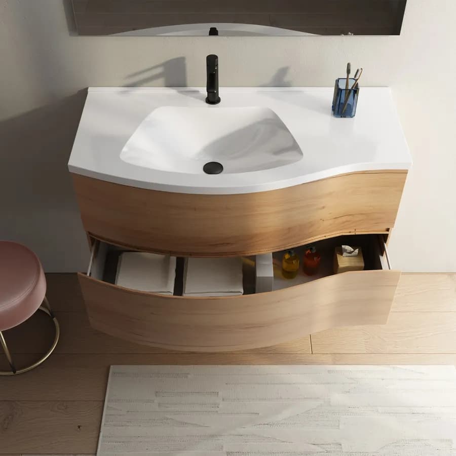 Mobile bagno sospeso 100 cm color rovere europeo con due cassettoni e specchio - Halley