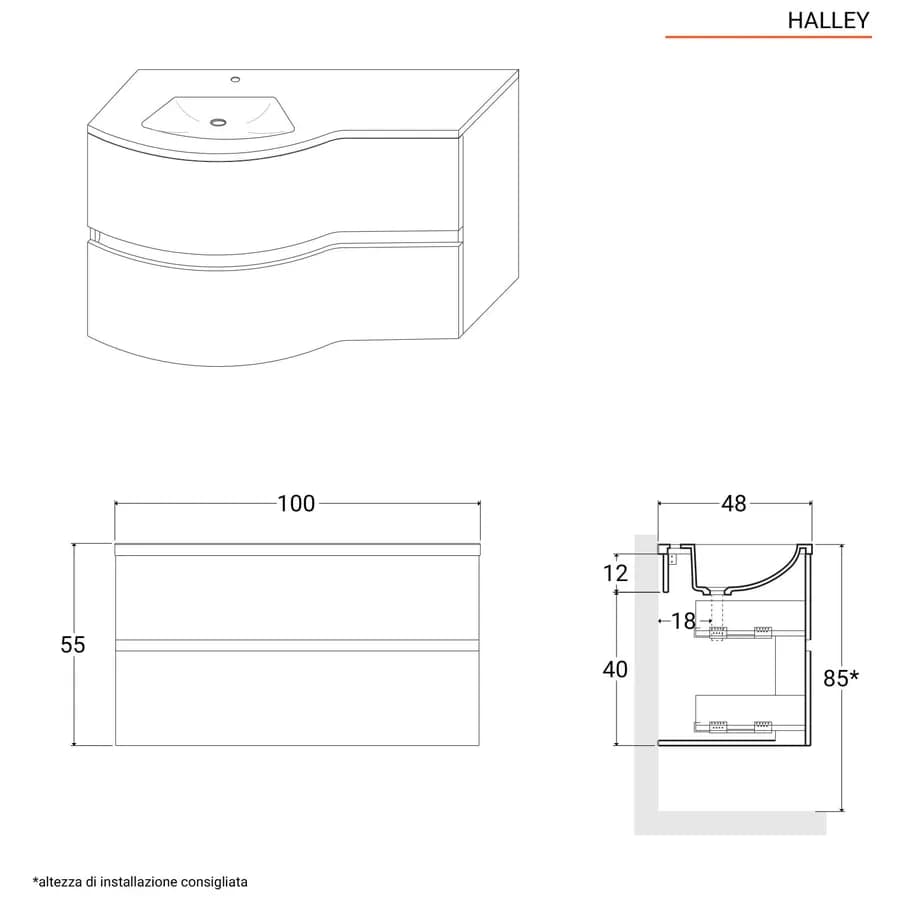 Mobile bagno sospeso 100 cm color rovere europeo con due cassettoni e specchio - Halley