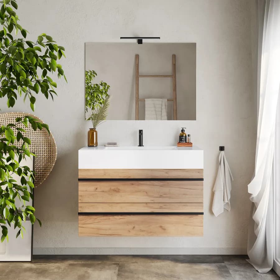Mobile bagno sospeso 100 cm rovere africa con top lavabo bianco e specchio - Jamal